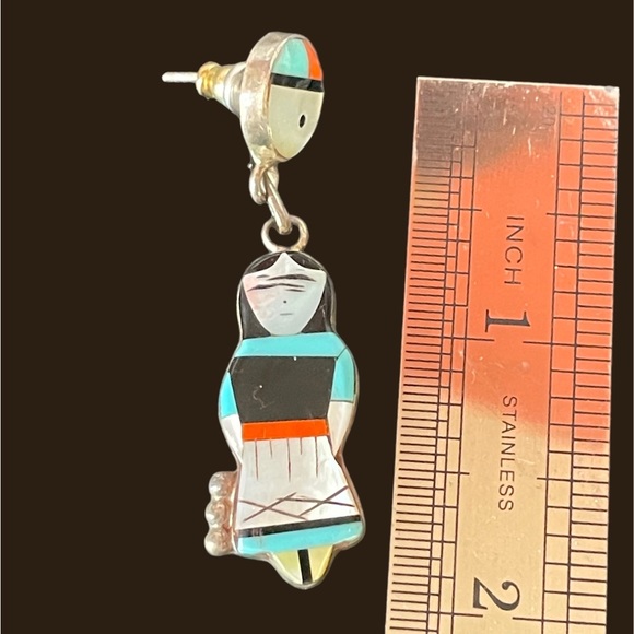 Zuni Sterling Silver Native American Girl Corn Maiden Earrings Inlaid Handmade - Picture 7 of 7